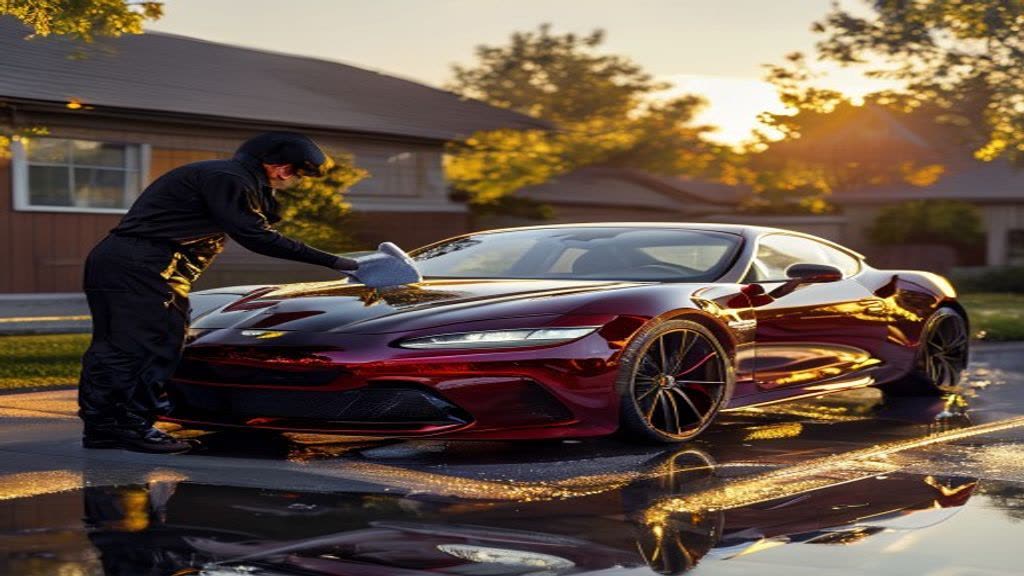Detailer hand polishing the hood of a deep red sports car in a home driveway