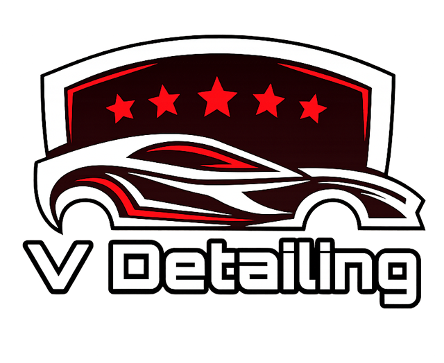 V Detailing logo, a shield with five stars over a sports car silhouette